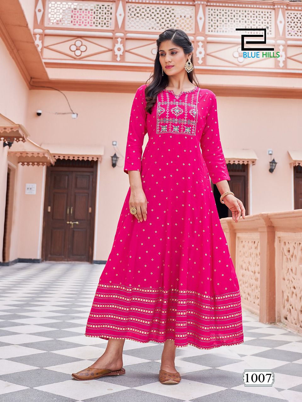 Encounter By Blue Hills Rayon Foil Printed Long Anarkali Kurtis Wholesale Market In Surat
