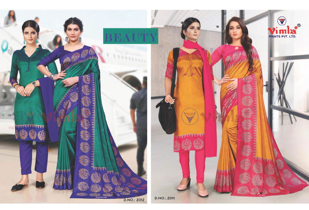 Australian Silk Printed Uniform Dress With Saree Combo Catalog
