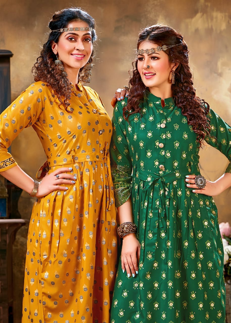 Ft Gold Coin Latest Designer Party Wear rayon Long Printed Rayon Kurtis Collection
