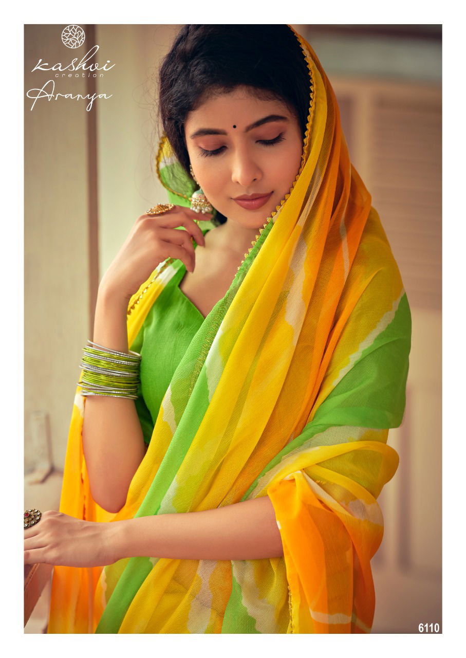 Kashvi Aranya Silk Chiffon With Goti Lace Printed Designer Saree Collection
