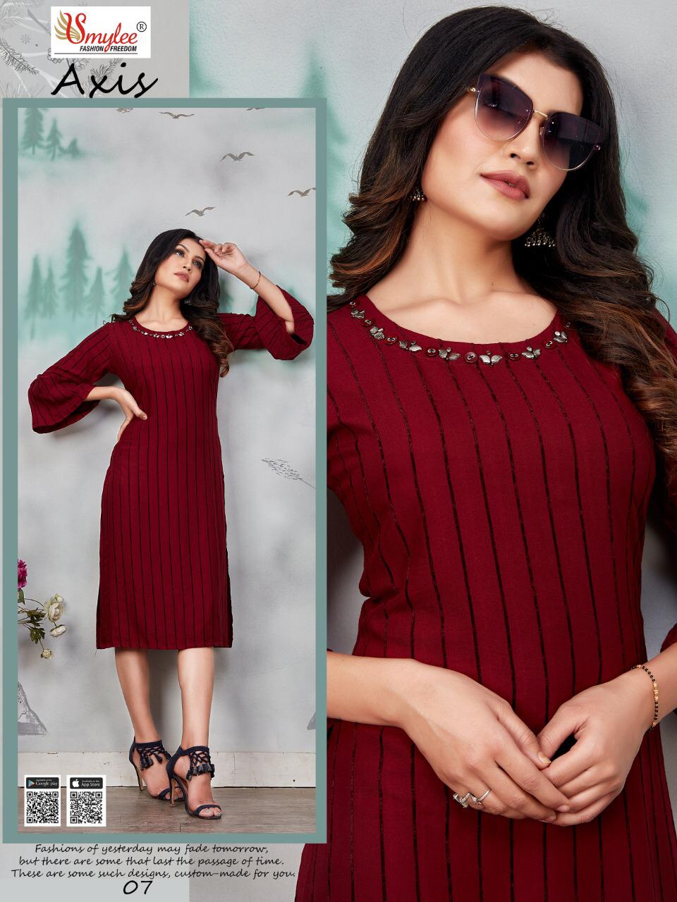 Smylee Axis Designer Latest Festive Wear Fancy Heavy Bombay Velvet Lining With Neck Work Kurtis Collection
