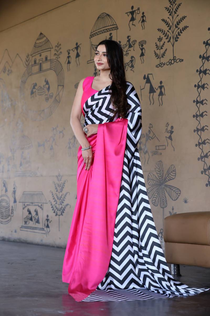 Scs Zigzag Digital Printed Satin Silk Saree Wholesale Clothing Distributors In India