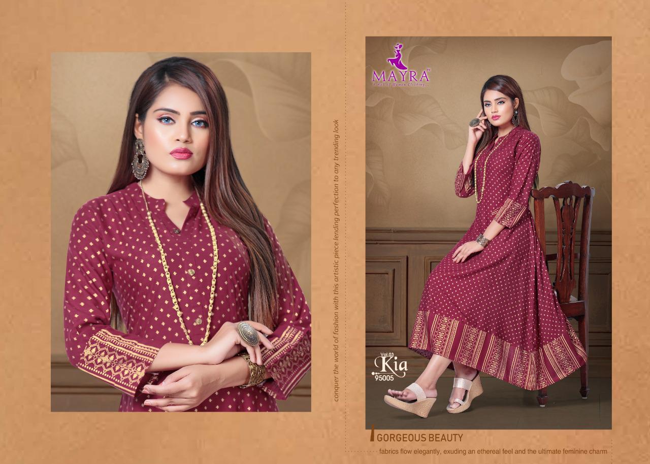 Mayra Kia 3 Latest Designer Party Wear Rayon Long Printed Kurti Collection 
