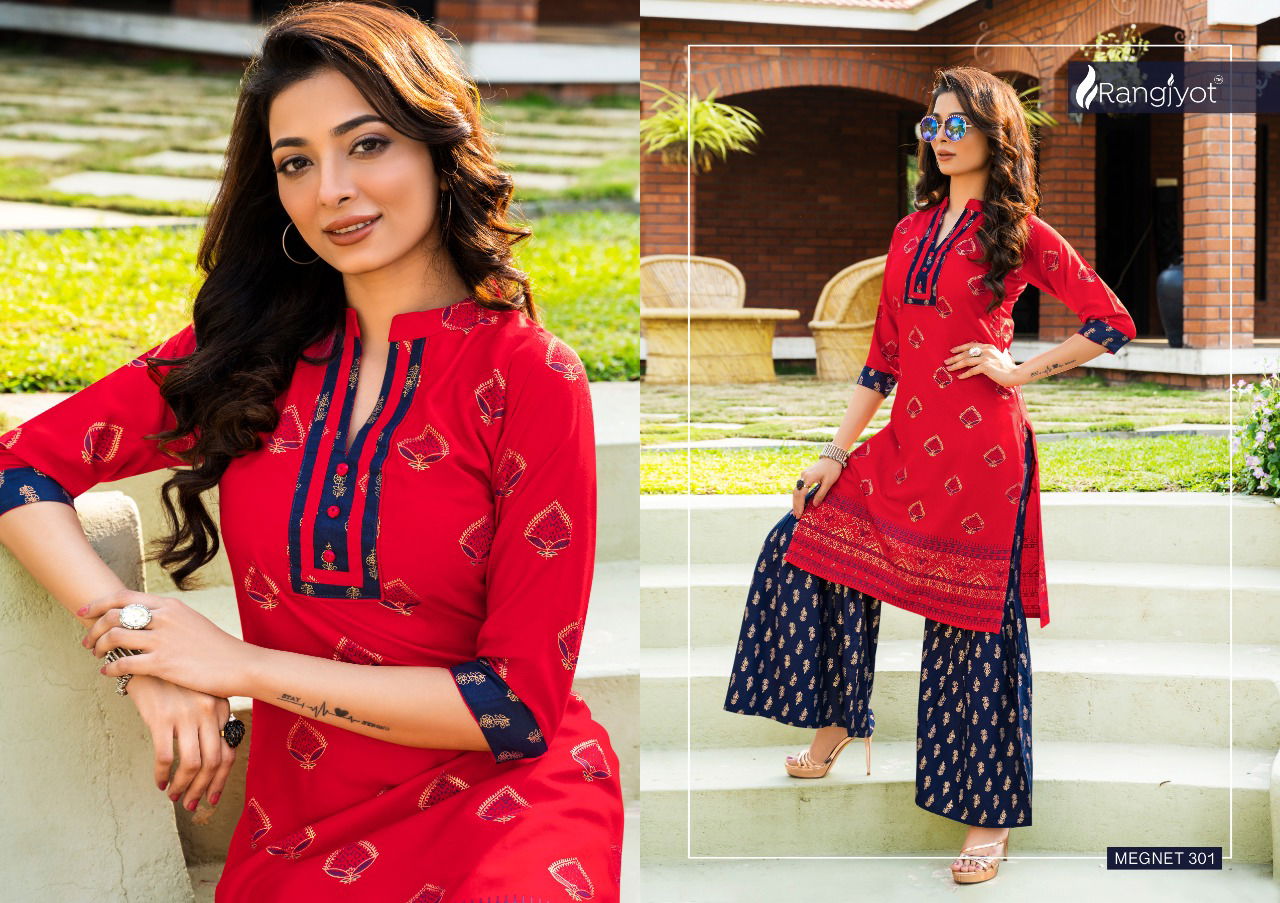 Rangjyot Magnet Vol 3 Latest Party Wear Heavy Rayon Gold Printed Kurti With Bottom Collection
