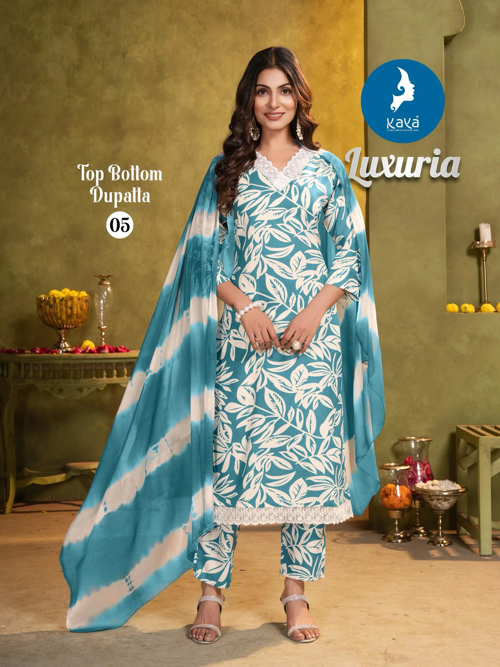 Luxuria By Kaya Rayon Printed Kurti With Bottom Dupatta Wholesale Price