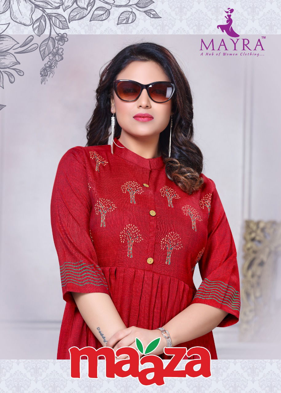 Mayra Maaza Flair Latest Fancy Style Long Casual Wear Anarakali Rayon Designer Kurtis Collection
