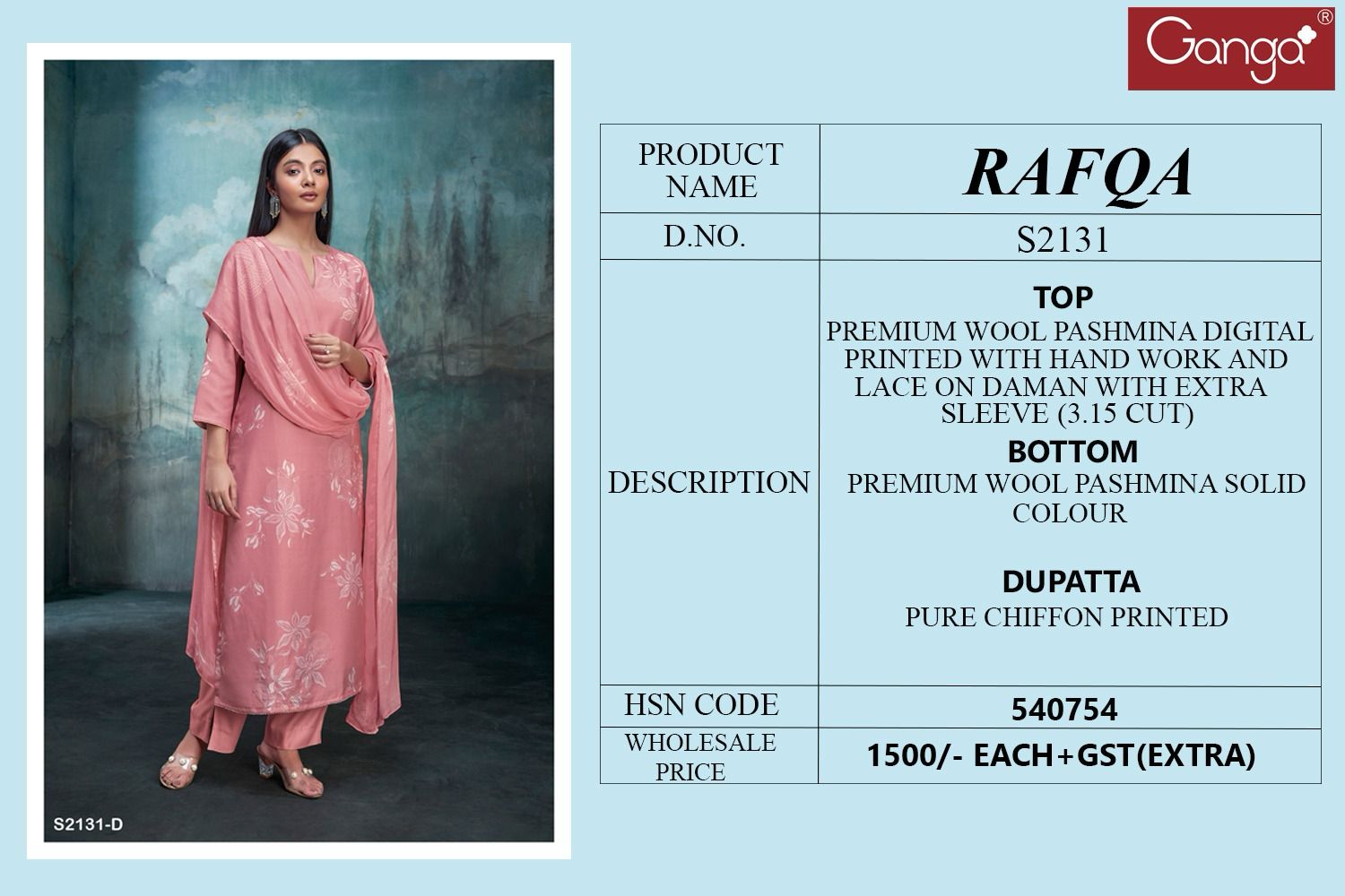 Rafqa 2131 By Ganga Pashmina Salwar Kameez Catalog