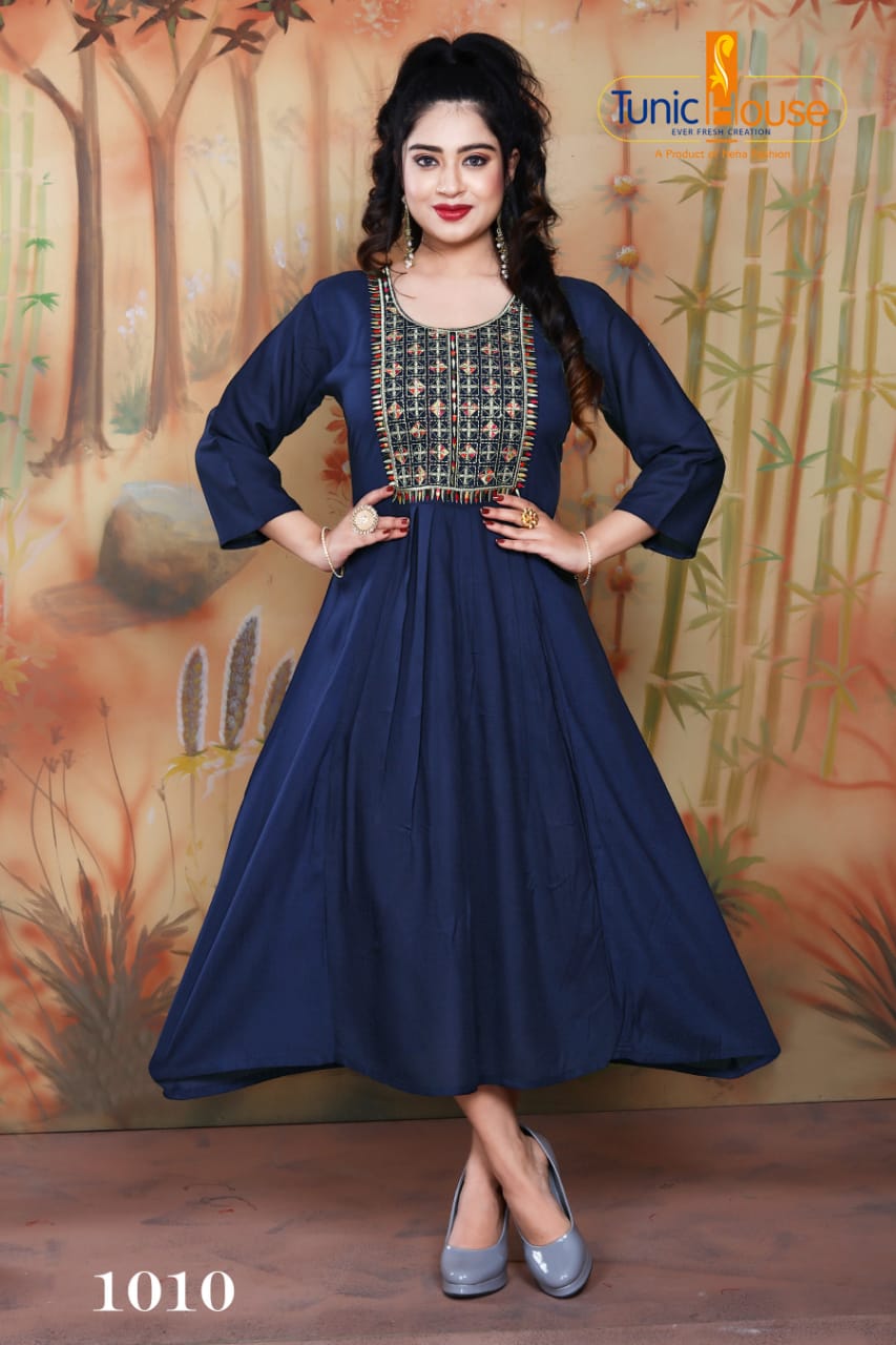 Tunic House Nek Nx Designer Ethnic Wear Embroidery Rayon Kurtis Collection

