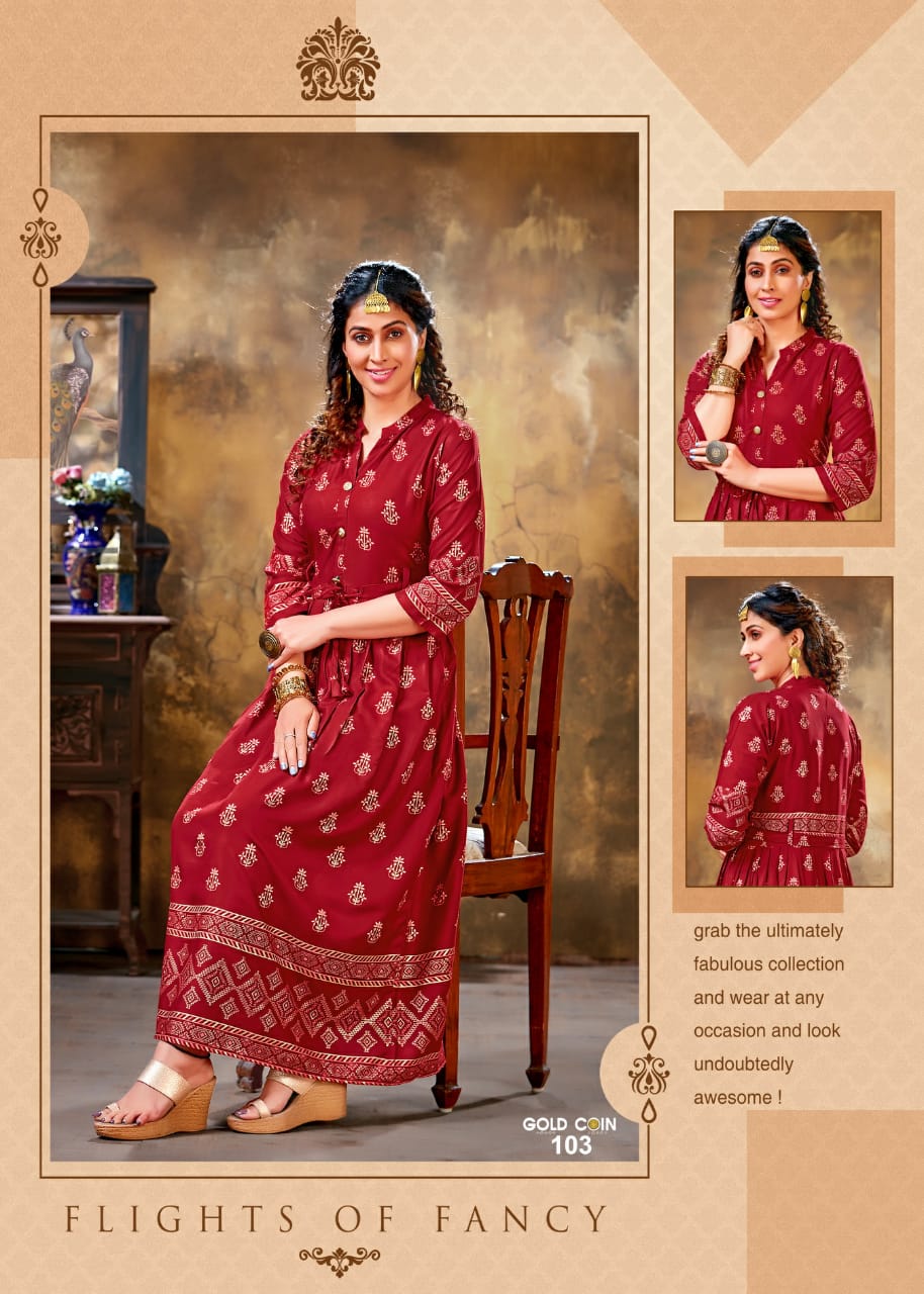 Ft Gold Coin Latest Designer Party Wear rayon Long Printed Rayon Kurtis Collection
