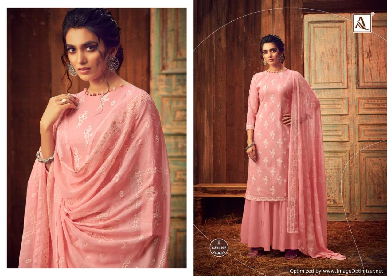 Alok Bloom Gold 3 Exclusive Casual Wear Pure Lawn Cotton Block Print With Khadi Handwork Designer Dress Material With Nazneen Chiffon printed Four Sided Lace Dupatta 