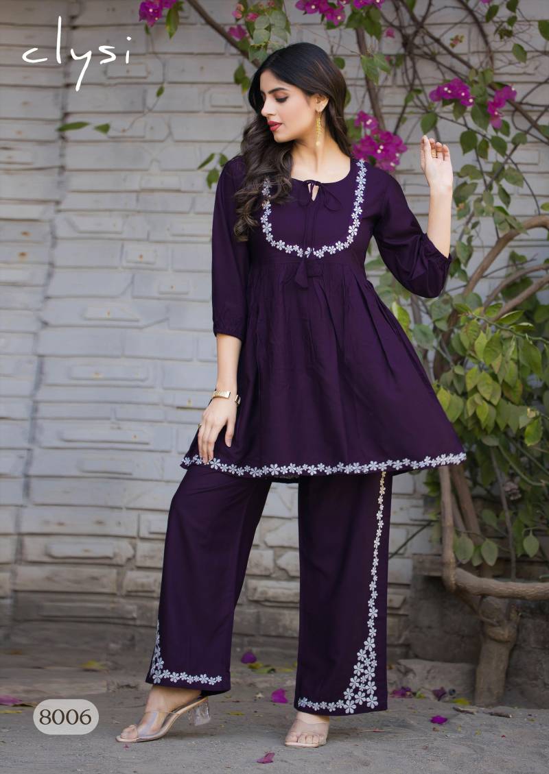Clysi Rozella Rayon Slub Thread Work Co Ord Set Wholesale Market In Surat
