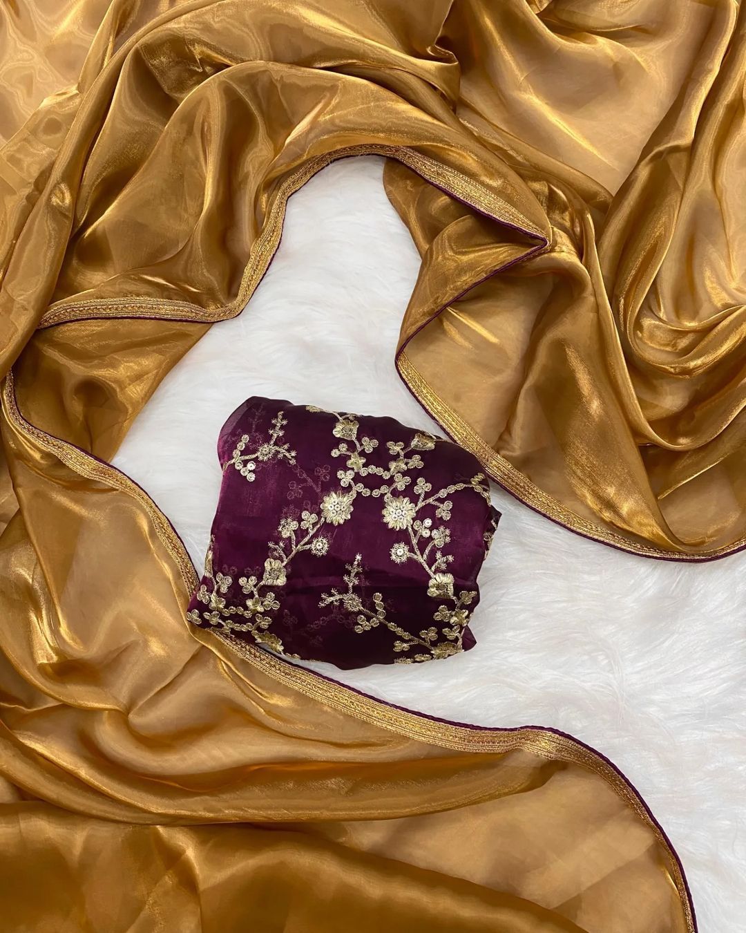 Vivera Golden Queen Satin Tissue Silk Party Wear Saree Suppliers In India