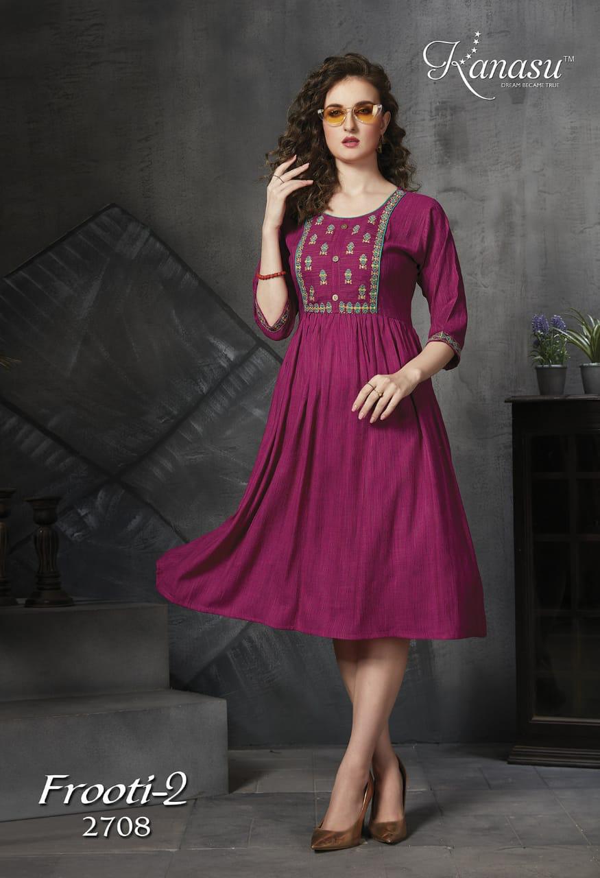 Kanasu Frooti 2 Latest Fancy Designer Ethnic Wear Fancy Rayon Flair Kurtis Collection
