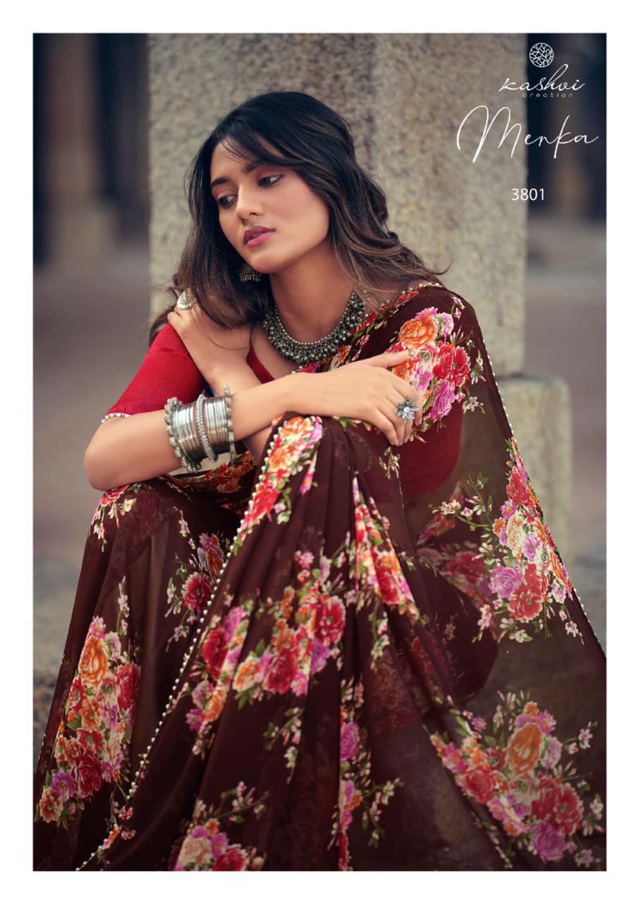 Kashvi Menka Latest Fancy Designer Festive Wear Silk Weightless Floral Chiffon Saree Collection

