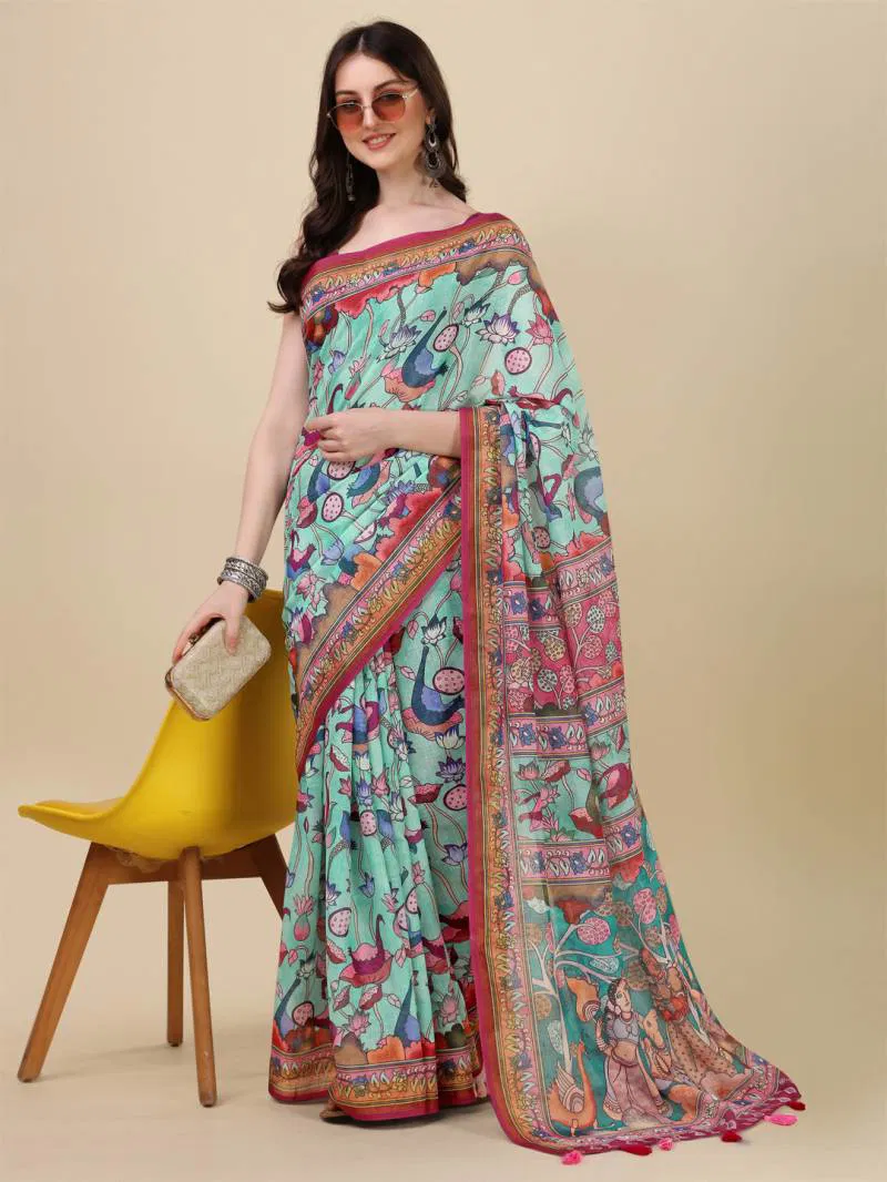 Kz Kalamkari Saree 1 Lilen Zari Patta Digital Kalamkari Printed Saree Suppliers In India