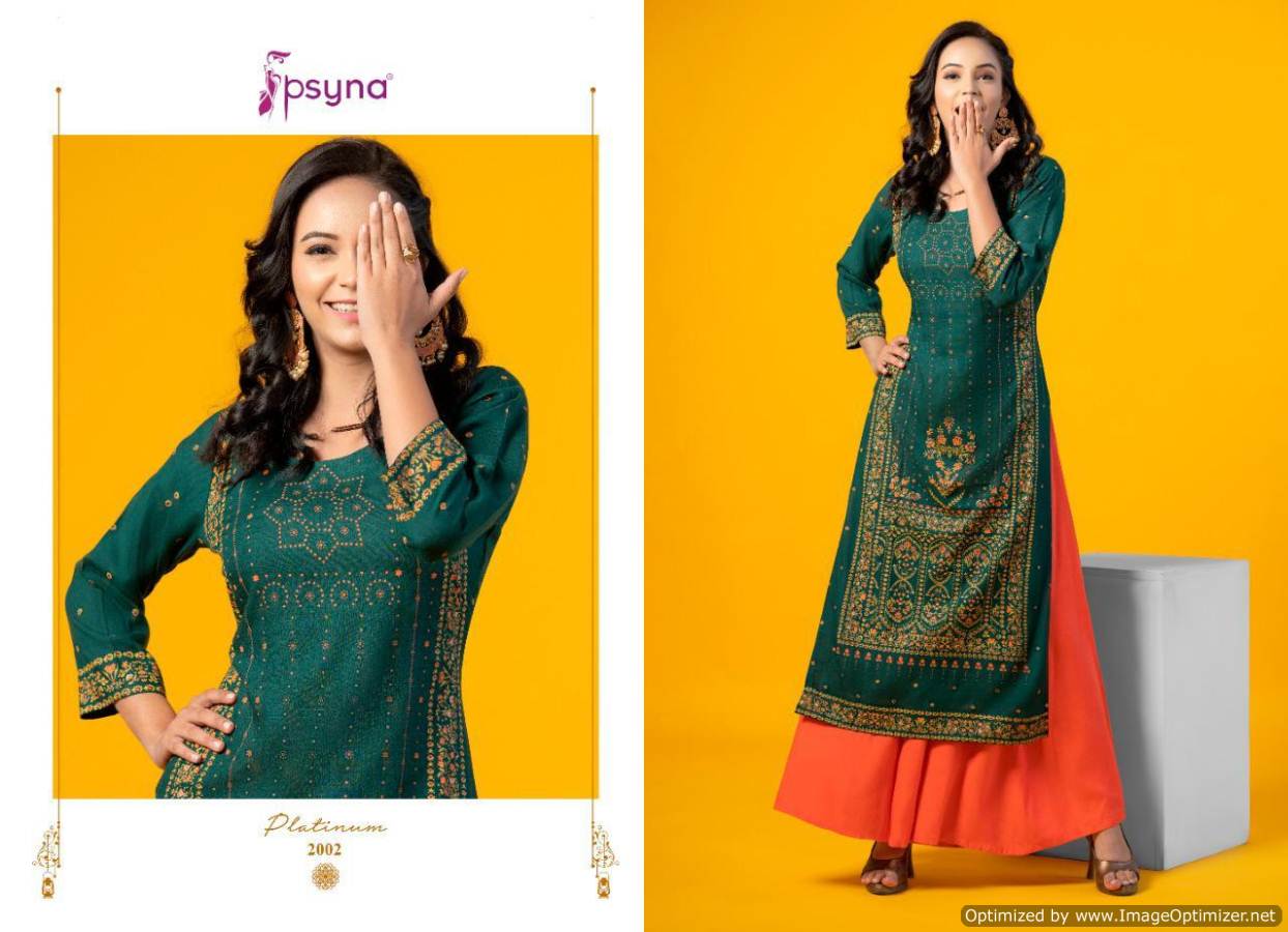 Psyna Platinum 2 Latest fancy Designer Ethnic Wear Heavy Rayon Gold Printed Kurti Collection
