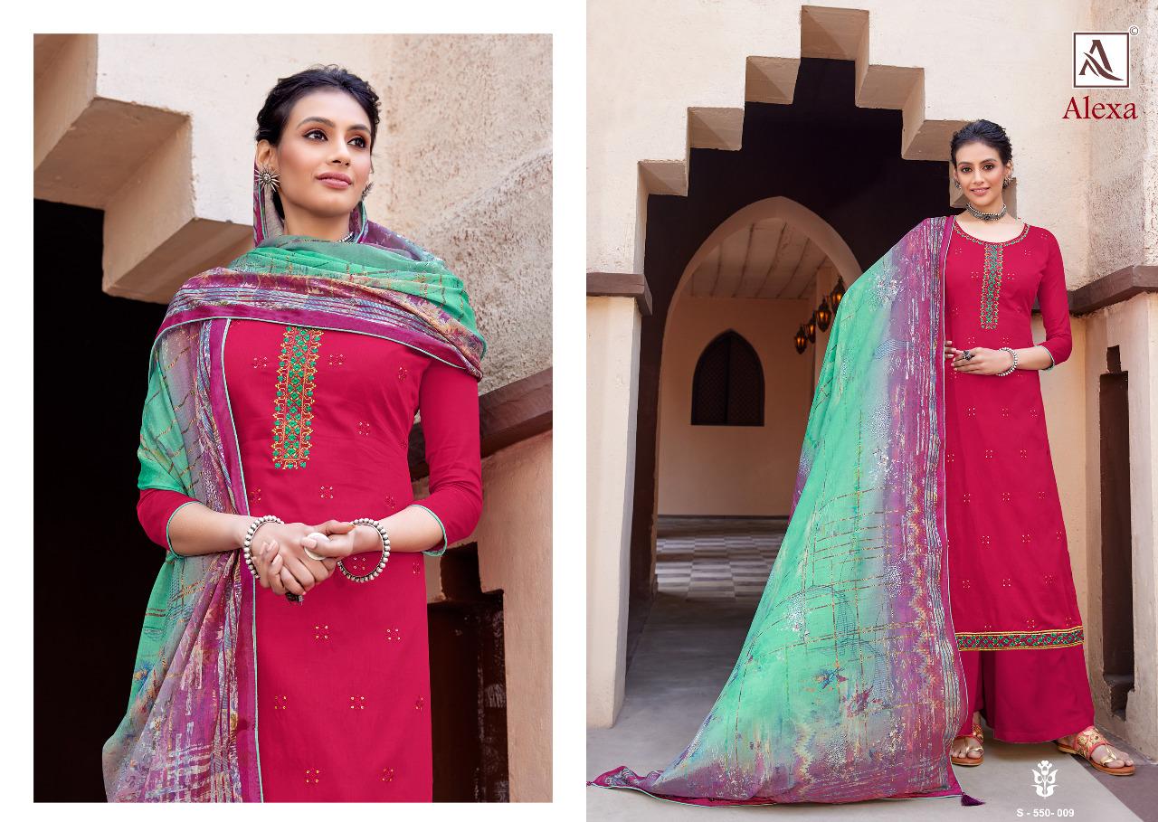Alok Alexa Latest fancy Casual wear Pure jam Dyed with Fancy Embroidery Work Designer Dress Material Collection
