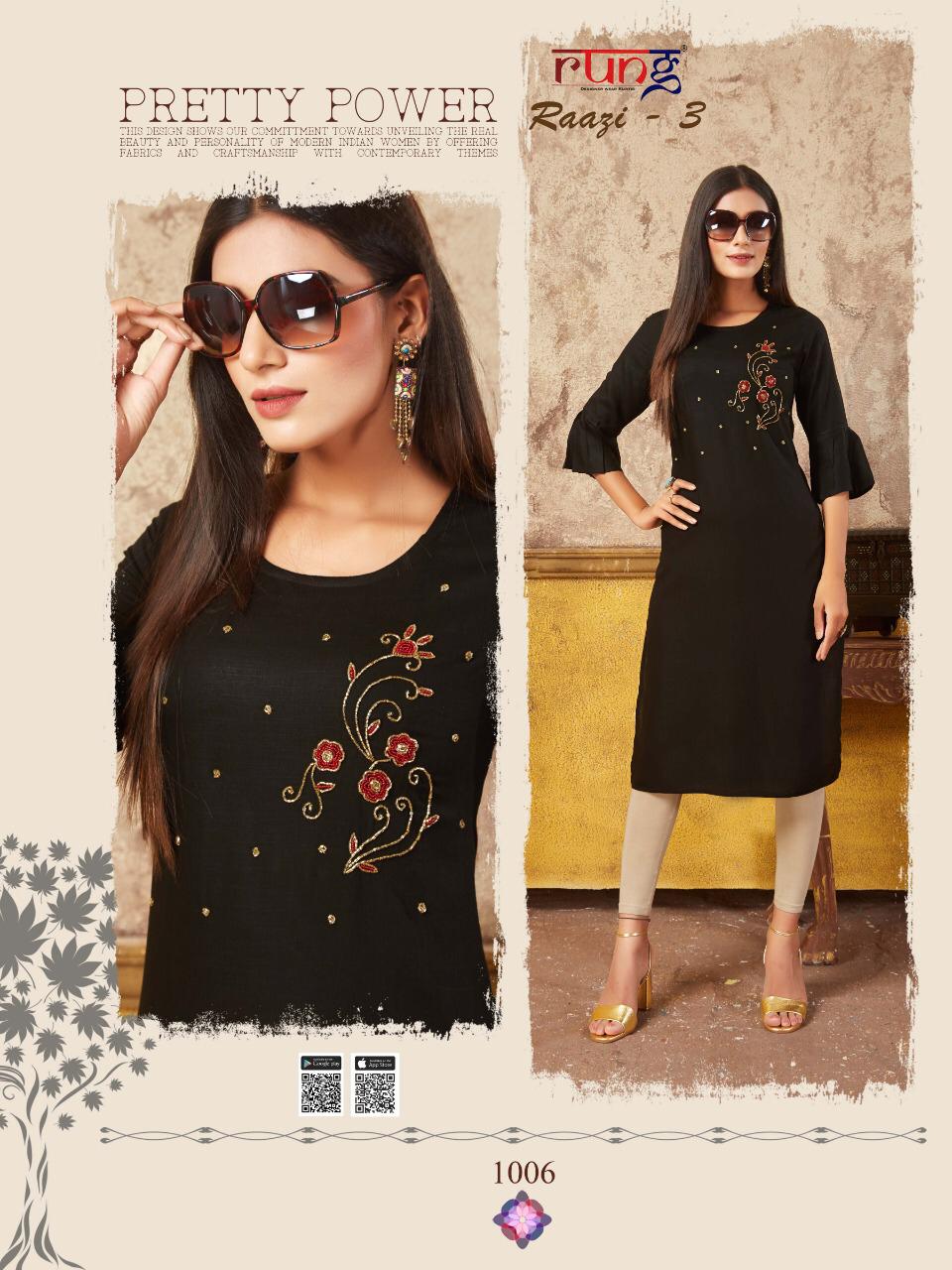Rung Razzi 3 Latest Designer Party Wear Festive Wear Straight Line Embroidery Work Kurtis Collection  