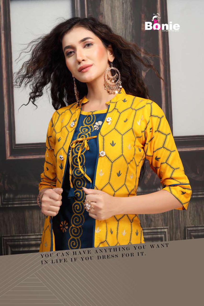 Bonie Jacket House Fancy Party Wear Jacket With Skirt rayon Printed Kurtis Collection
