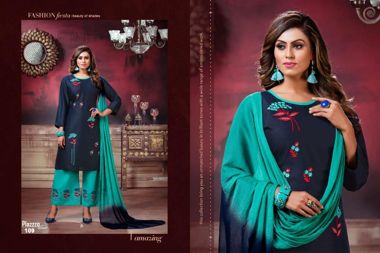 Plazzo Silver Daily Wear Latest Heavy Rayon With embroidery work Plazzo Suit  Collection 