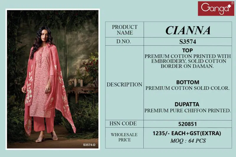 Cianna By Ganga Cotton Printed Embroidered Salwar Suit Wholesale Clothing Distributors In India