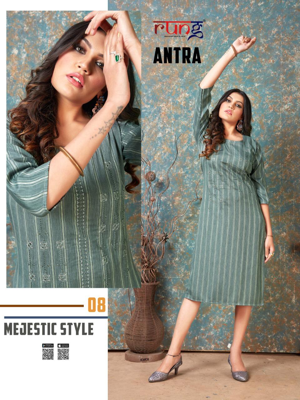 Rung Antra Latest fancy Designer Casual Wear Rayon With Embroidery Work Kurti Collection
