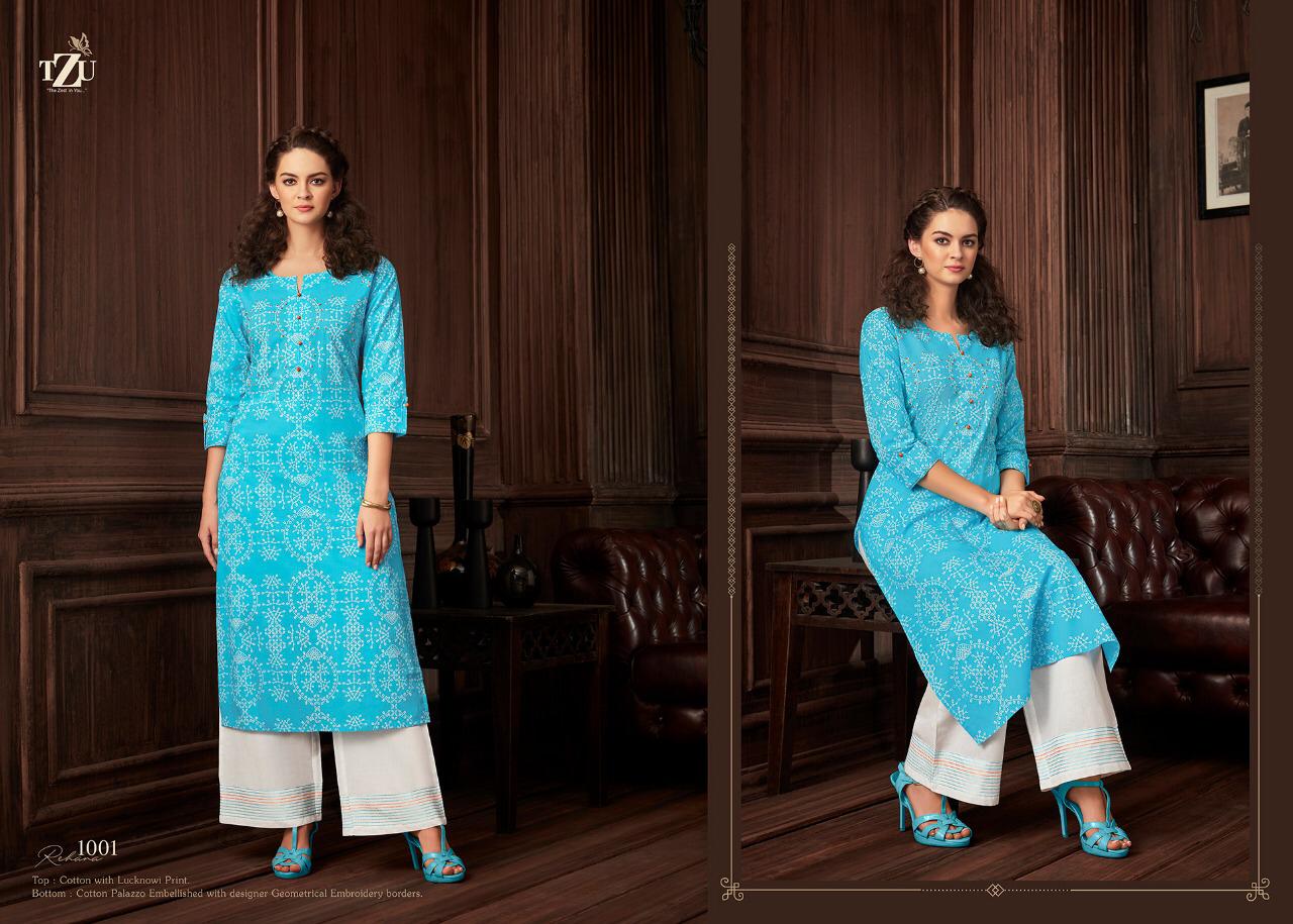 TZU REHANA Latest Casual Wear Lucknowi Print With Embroidery Work Pure Cotton Kurti With Palazzo Collection 