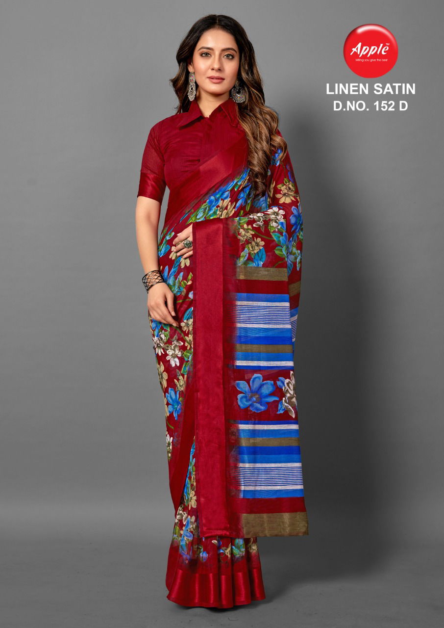 Apple Linen Satin 152 Fancy Printed Casual Wear Line Satin Saree Collection
