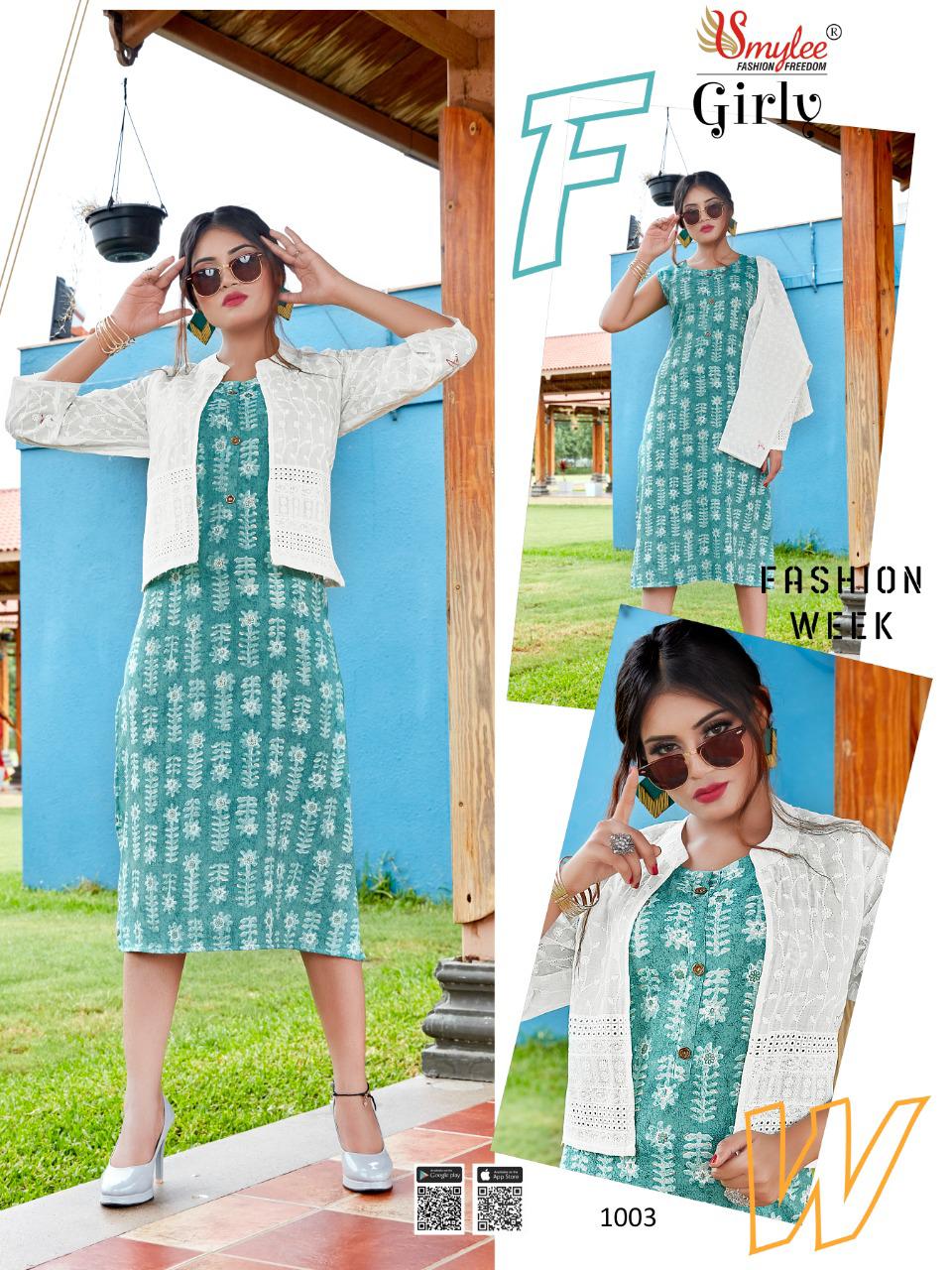 Smylee Girly Heavy Rayon Foil Printed Party Wear Kurti With Jacket Collection
