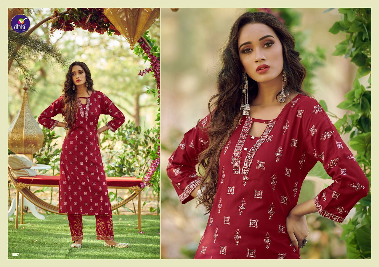 Vitara Marvel Latest Fancy Ethnic Wear Heavy Rayon Foil Printed Kurti With Bottom Collection
