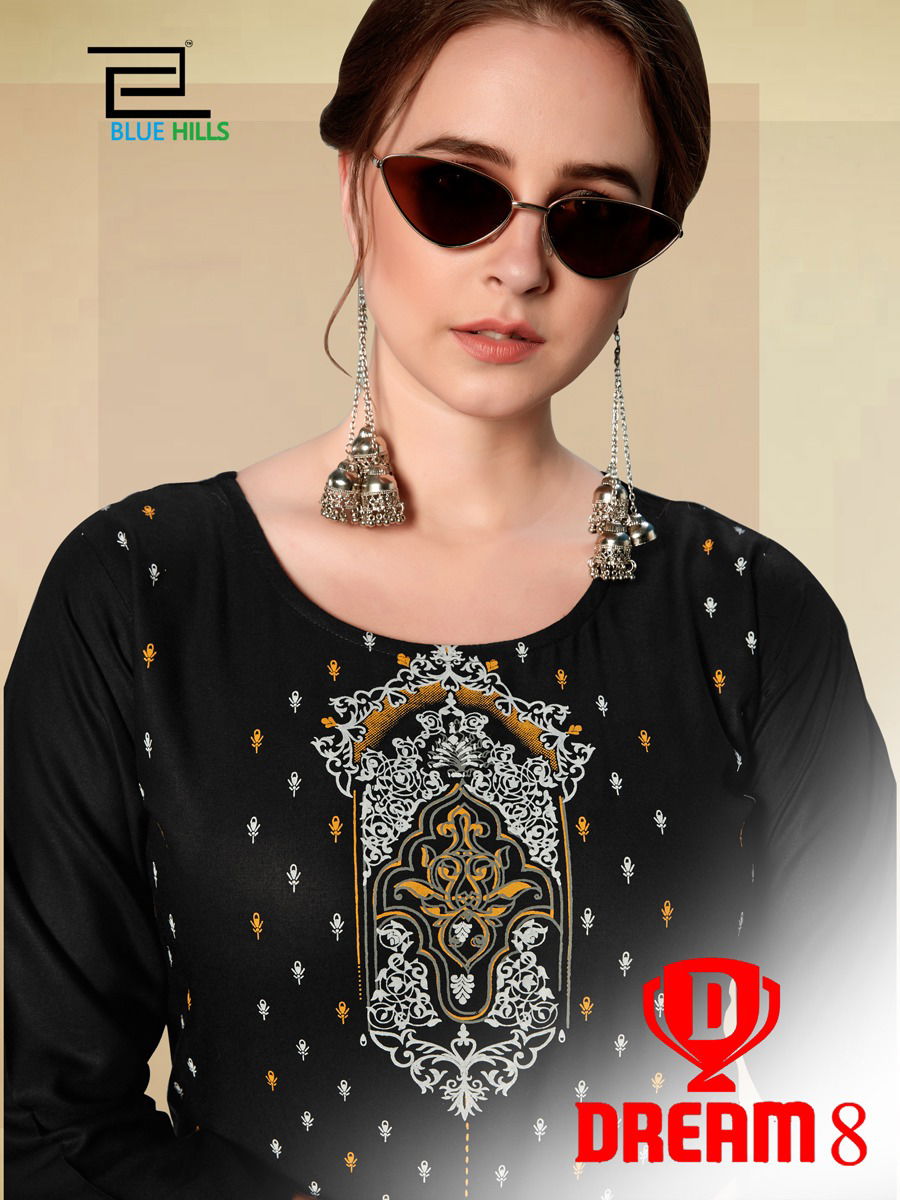 Blue Hills Dream 8 Latest Casual Wear Embroidery Work Heavy Rayon Kurtis With Plazzo Collection 