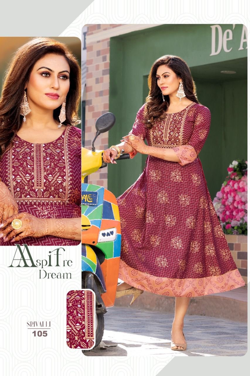 Akhand Jyot Srivalli Fancy Ethnic Wear Rayon Designer Long Kurti Collection