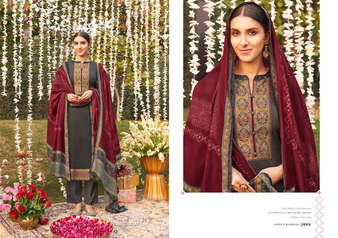 Mumtaz Jash E Bandhani Latest Designer Fancy Wedding Wear Pure Jam Satin Digital Print Heavy Neck Embroidery Work Dress Material Collection
