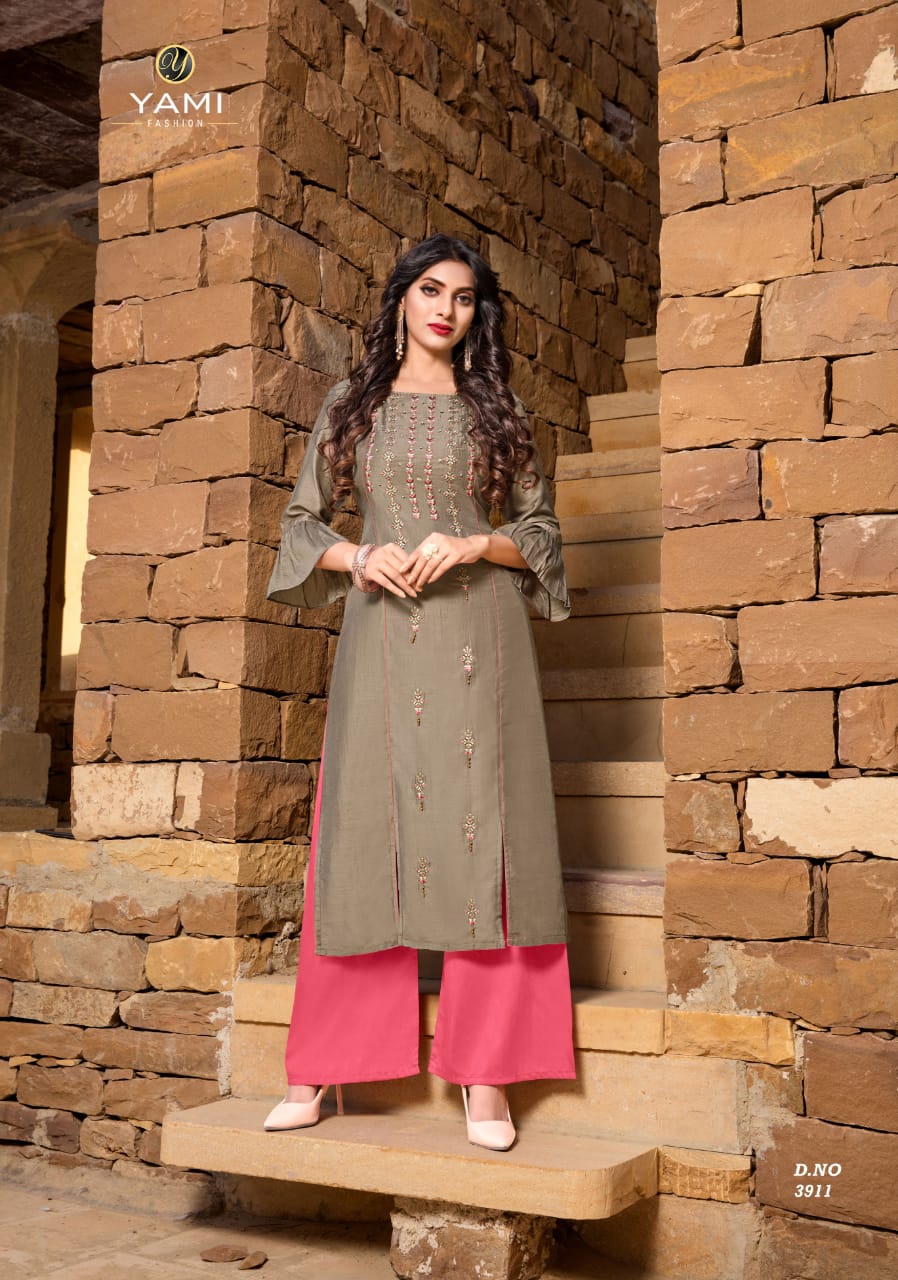 YAMI RESHAMI VOL-2 Latest Fancy Festive Wear Viscos Embroidery Work Kurtis With palazzo Collection