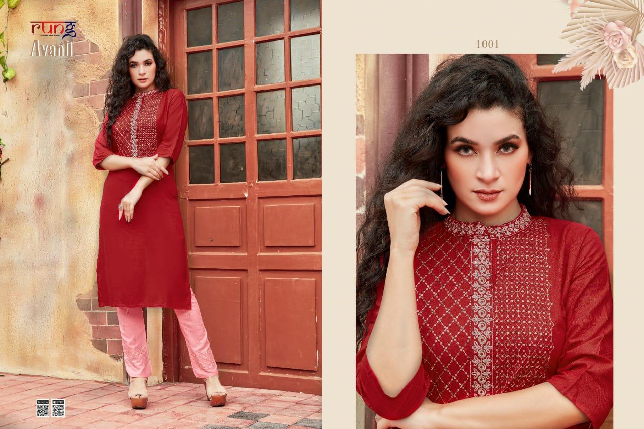 Rung Avanti Heavy Rayon Designer Ethnic Wear Latest Kurtis With Bottom Collection
