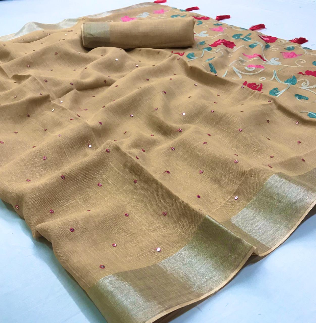 Lt Vani Latest Pure Linen embroidery Work Casual Wear Saree Collection
