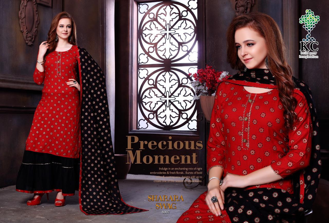 KC Sharara Swag Vol 6 Latest Strylish Heavy Rayon Slub Printed  With Work Sharara Style Readymade Festive wear Salwar Suit Collection 