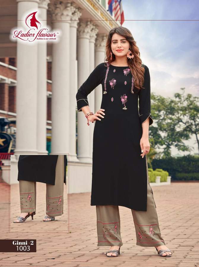 Ladies Flavour Ginni 3 Latest Designer Party Wear Embroidery Worked Rayon Kurti With Plazzo Collection
