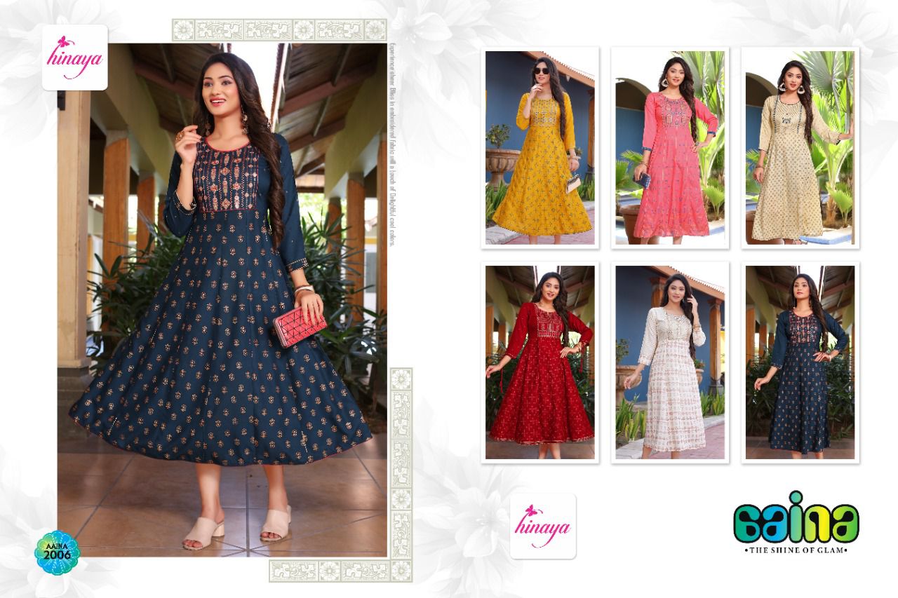 Hinaya Aaina 3 Rayon Printed Designer Ethnic Wear Anarkali Kurti Collection