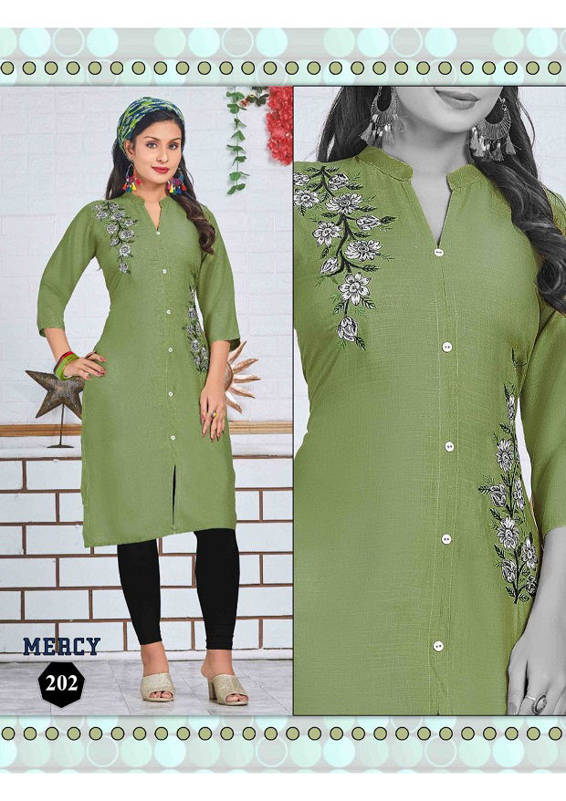 Mercy 2 Latest Designer Fancy Ethnic Wear Embroidery Work Rayon Slub Kurtis Collection
