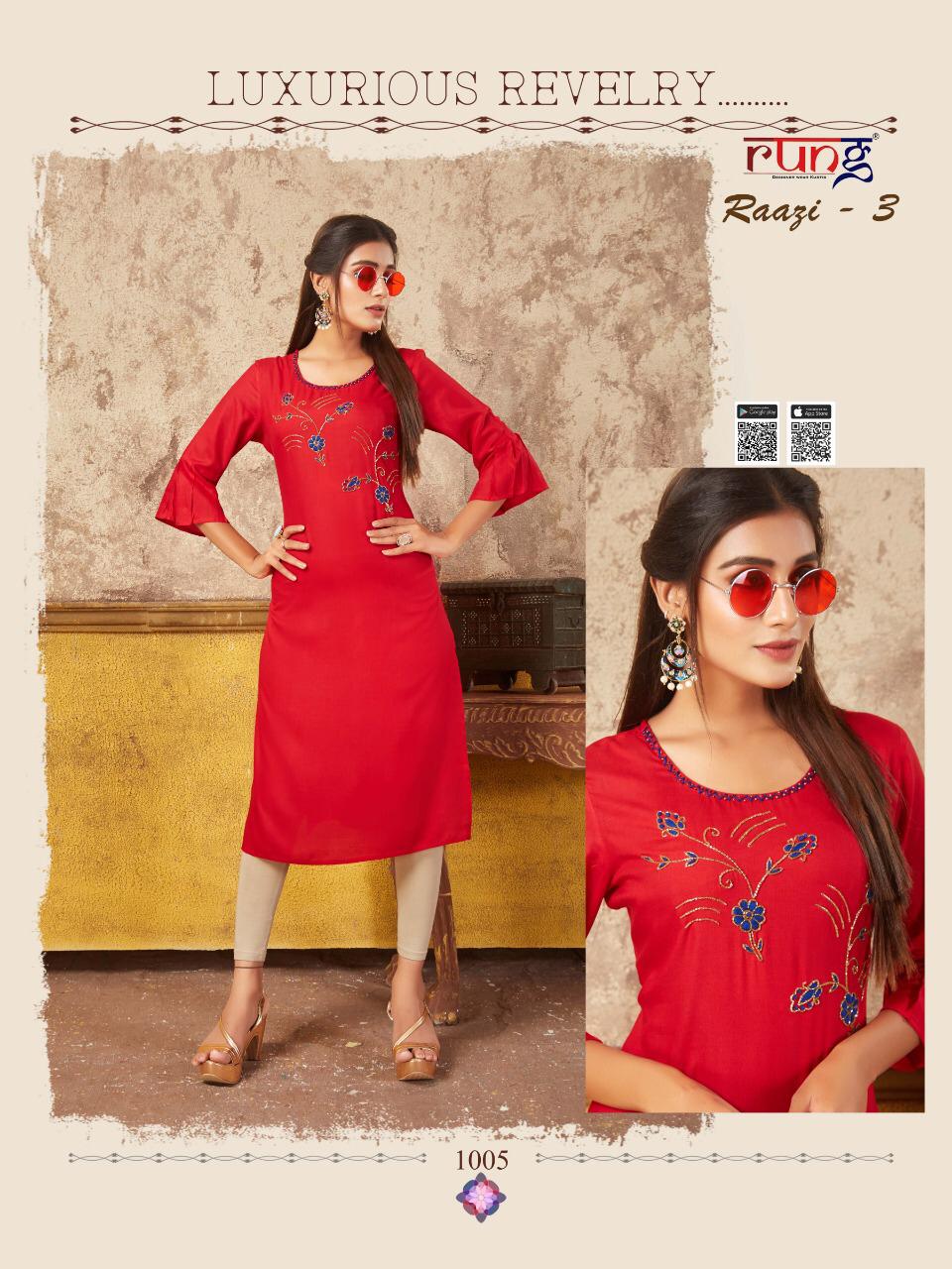 Rung Razzi 3 Latest Designer Party Wear Festive Wear Straight Line Embroidery Work Kurtis Collection  