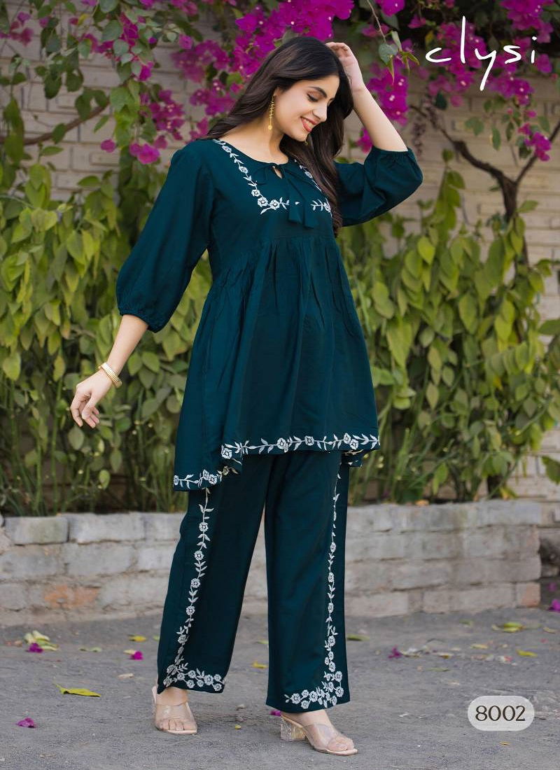 Clysi Rozella Rayon Slub Thread Work Co Ord Set Wholesale Market In Surat