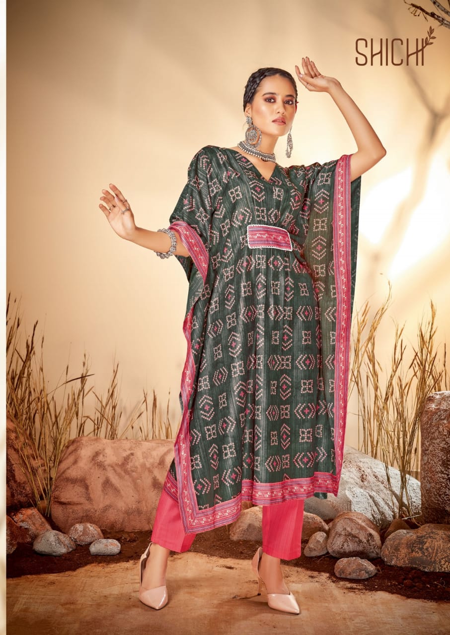 Shichi Kaya Kaftan Festive Wear Masleen Printed Kurti With Bottom Collection
