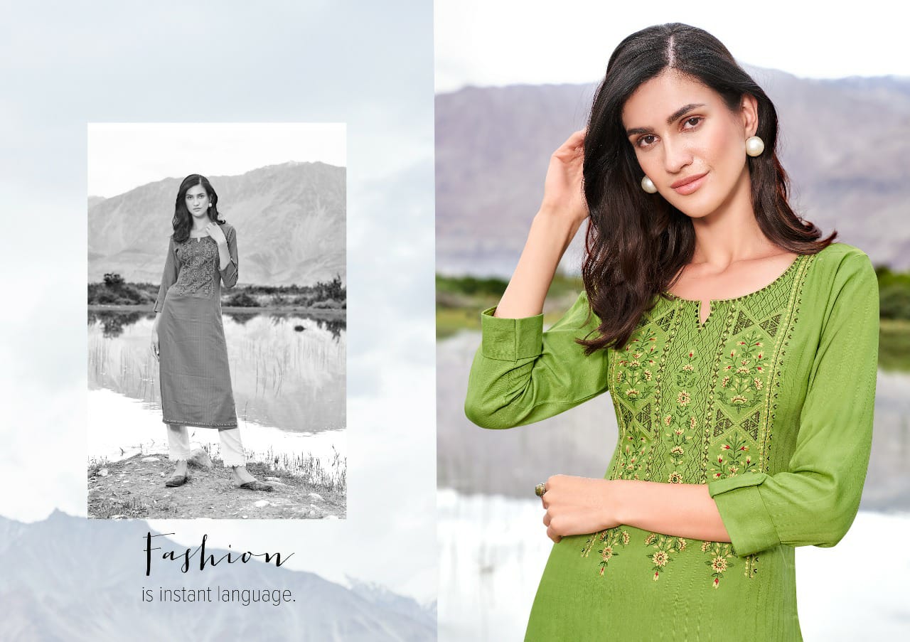 Kalaroop Beat Rayon With Embroidery Work Party Wear Designer Kurtis Collection
