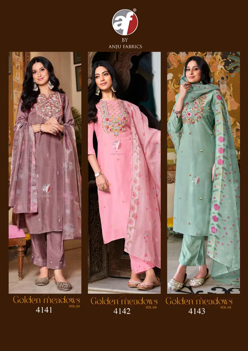 Golden Meadows Vol 4 By Af Muslin Designer Readymade Suits Exporters In India