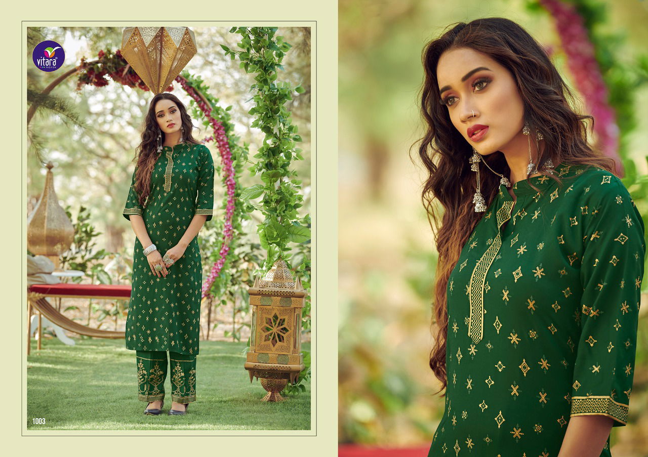 Vitara Marvel Latest Fancy Ethnic Wear Heavy Rayon Foil Printed Kurti With Bottom Collection
