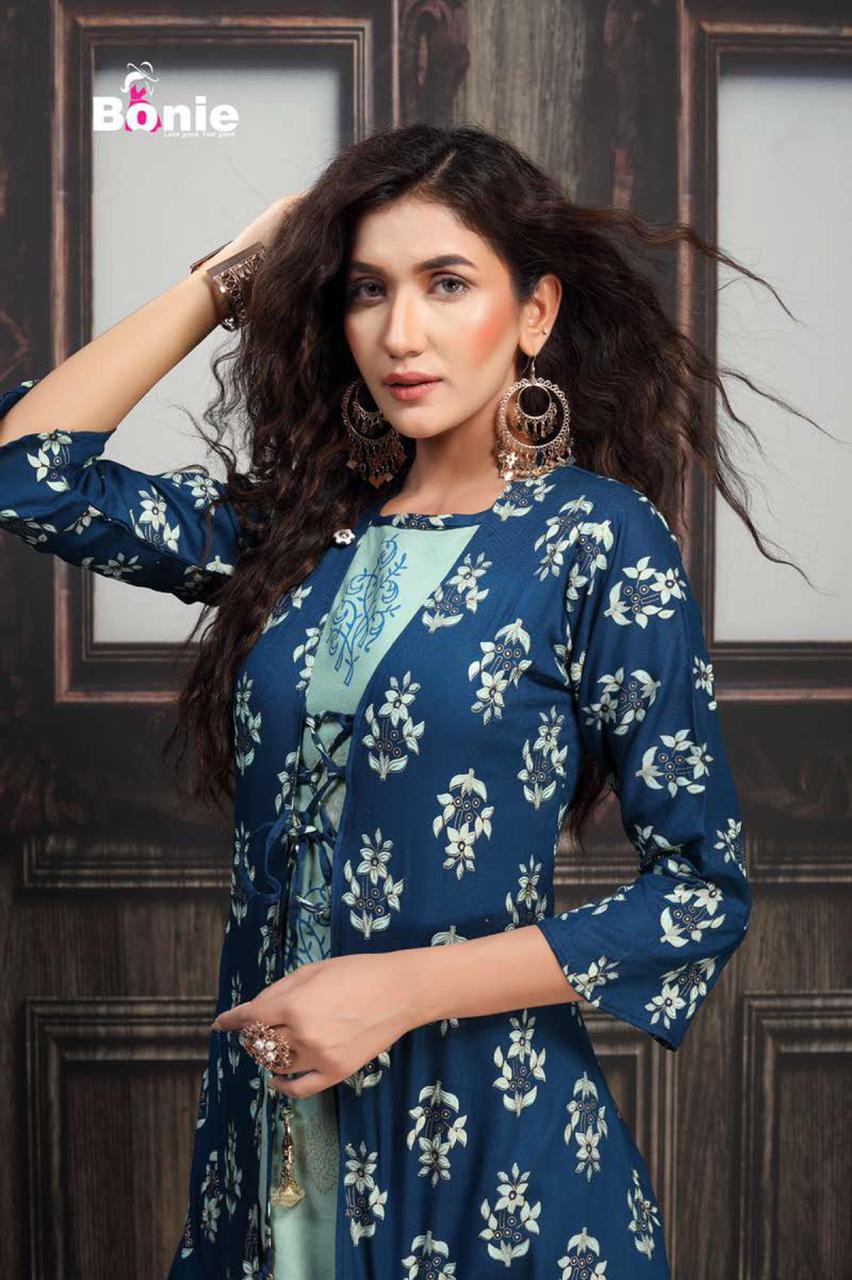 Bonie Jacket House Fancy Party Wear Jacket With Skirt rayon Printed Kurtis Collection
