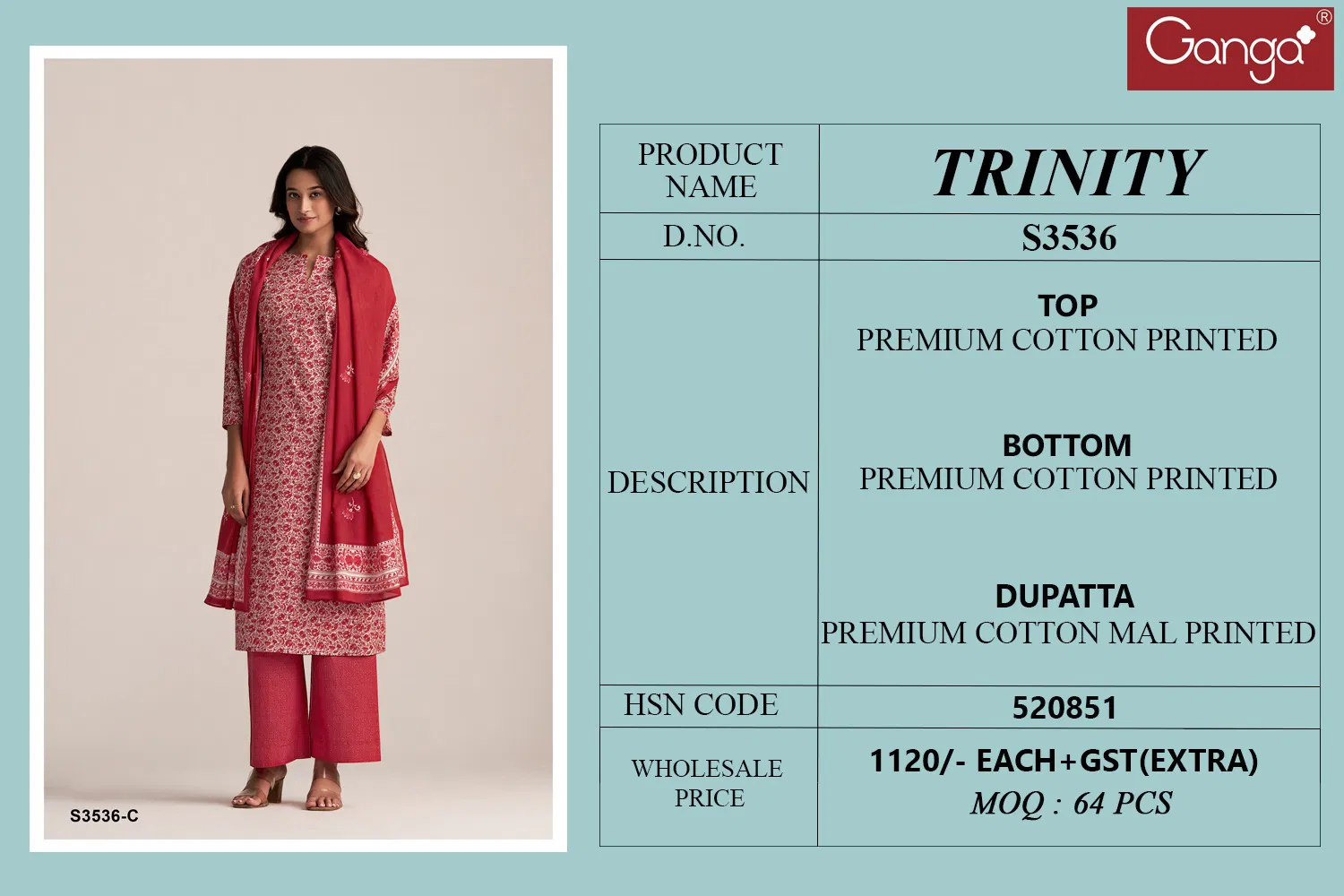 Trinity 3536 By Ganga Cotton Printed Wholesale Designer Salwar Suit In India