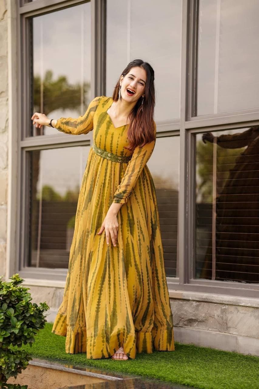 Stylish Maxi Georgette Printed Belt With Gown Catalog