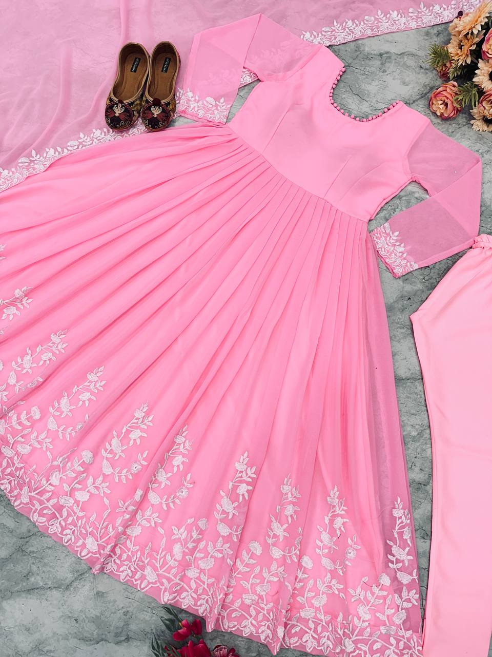 Krishi Designer Georgette Embroidery Anarkali Kurti With Bottom Dupatta Wholesale Price In Surat
